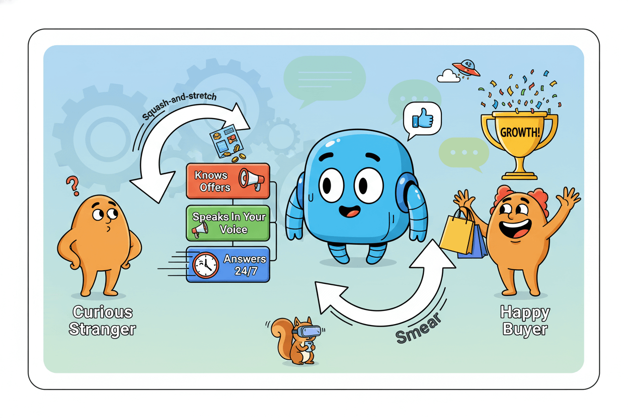 Un diagrama de flujo ilustra cómo un agente de chat con IA convierte a un desconocido curioso en un comprador satisfecho para pequeñas empresas.