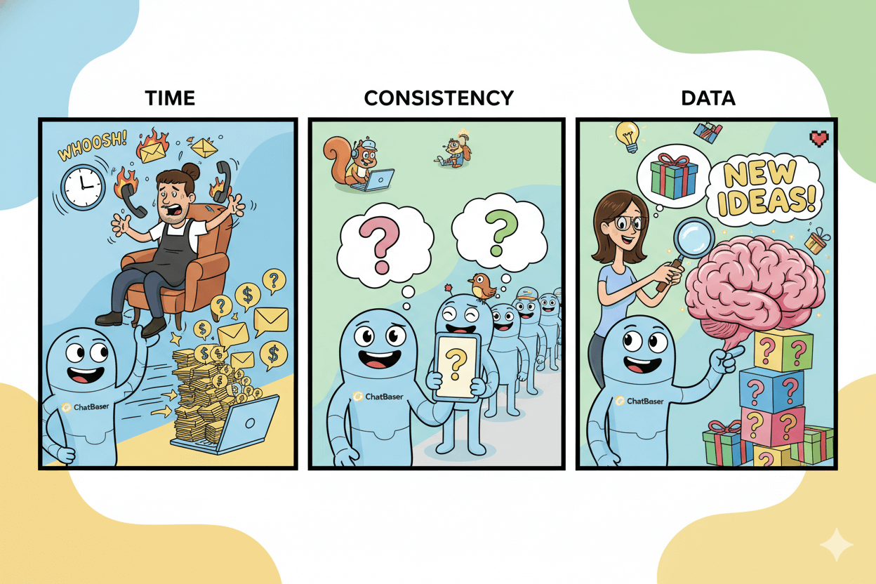 Una viñeta de tres viñetas muestra cómo ChatBaser proporciona tiempo, coherencia y datos para hacer crecer un negocio.