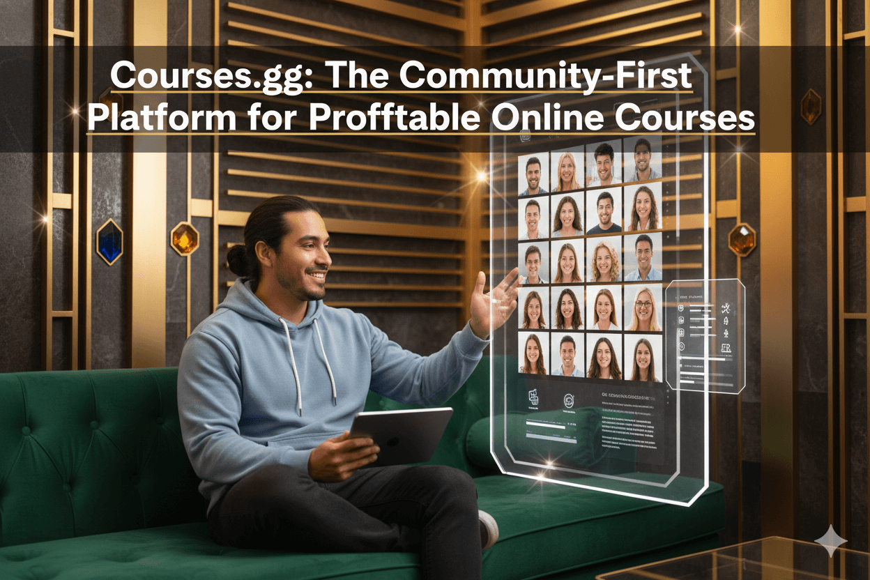 Un hombre sonriente con coleta sostiene una tableta, interactuando con una pantalla holográfica de los participantes del curso online para representar la interacción comunitaria.