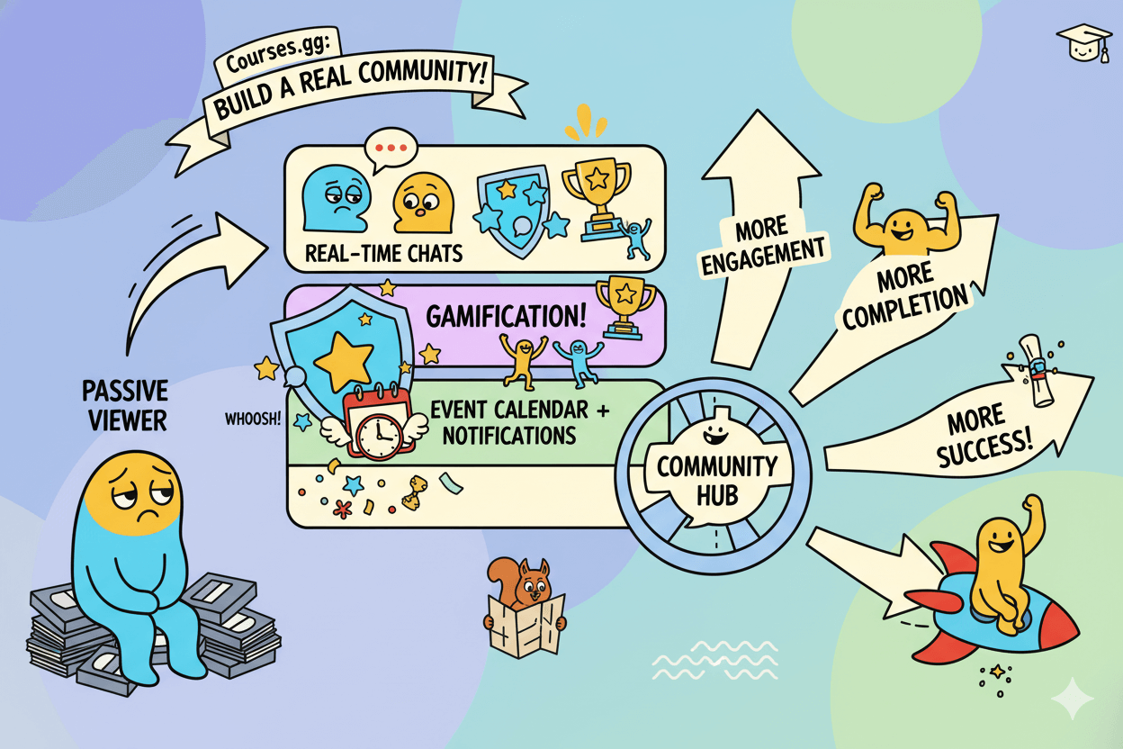 Un diagrama de flujo humorístico ilustra cómo "Cursos gg" transforma a un espectador pasivo en un miembro comprometido de la comunidad a través de chats, gamificación y eventos.