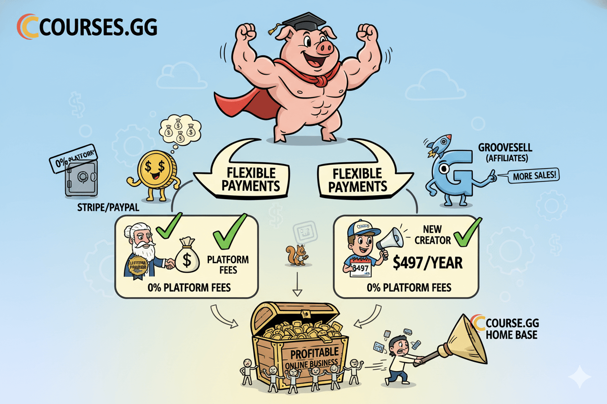 Un diagrama de flujo caprichoso ilustra el kit de herramientas empresariales de Cursos gg, mostrando opciones de pago flexibles y ninguna tasa de plataforma que conduce a un negocio online rentable.