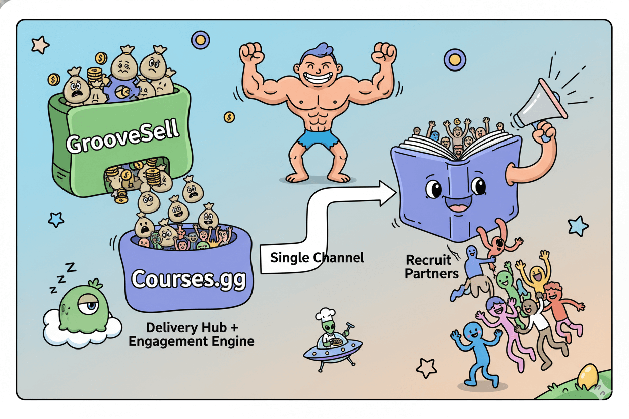 Un flujo de proceso de dibujos animados muestra a GrooveSell gestionando productos y afiliados, lo que lleva a Courses gg para la entrega y participación de contenido.