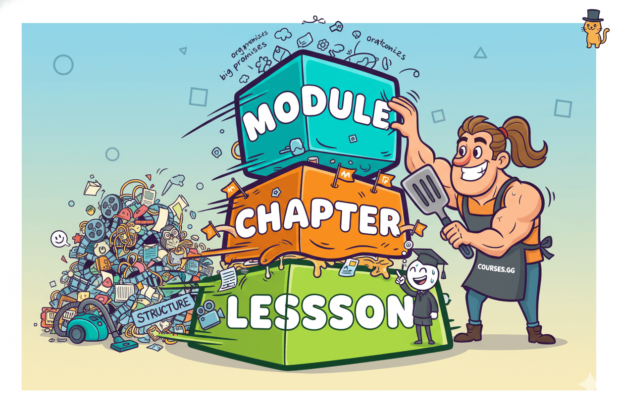 Un chef musculoso apila bloques de "módulo", "capítulo" y "lección", organizando el contenido de una caótica pila de "expansión de contenido" para ilustrar la estructura del curso.