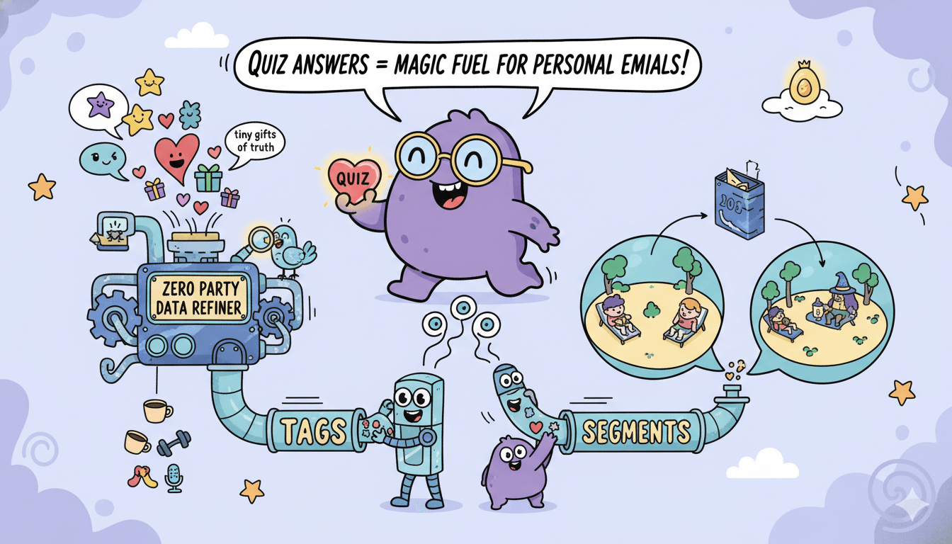 Un diagrama de flujo caprichoso muestra a un personaje sosteniendo un cuestionario, introduciendo "pequeños regalos de verdad" en un "refinador de datos de parte cero" que crea etiquetas y segmentos para correos personalizados