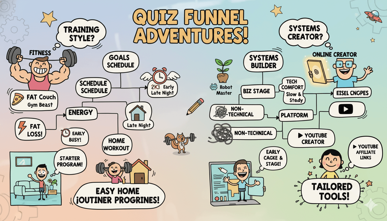 Un diagrama de flujo humorístico representa visualmente ejemplos de embudo de concursos para un entrenador de fitness y un creador online, demostrando la segmentación