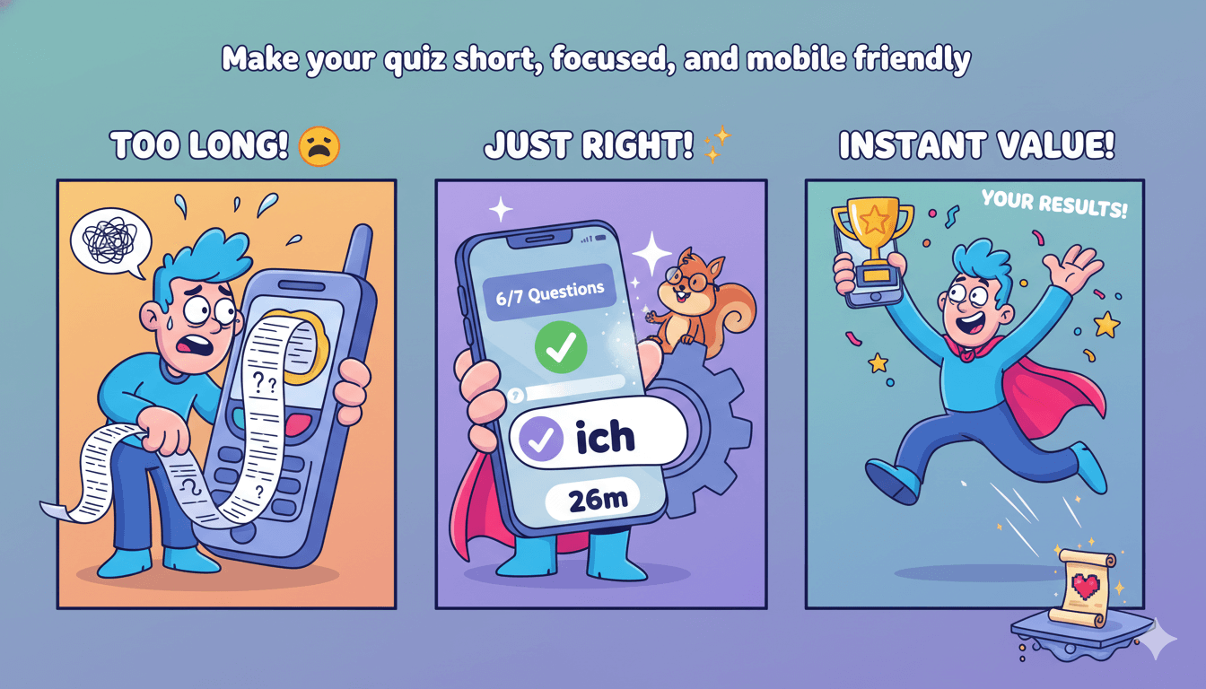 Un dibujo animado de tres viñetas ilustra la importancia de hacer los cuestionarios cortos y aptos para móviles para lograr altas tasas de finalización y un valor instantáneo
