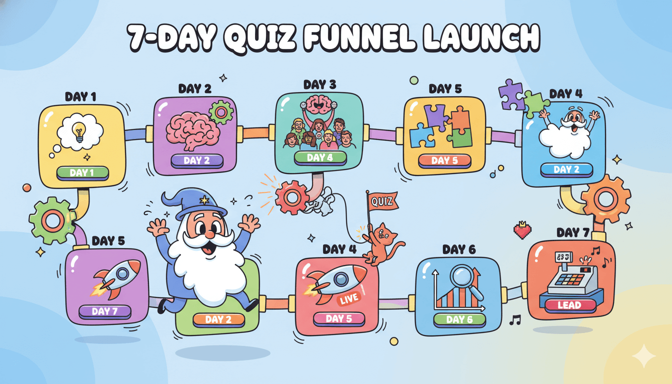Un diagrama de flujo divertido ilustra el lanzamiento de un embudo de quiz de 7 días, dividiendo el proceso en pequeños pasos diarios manejables