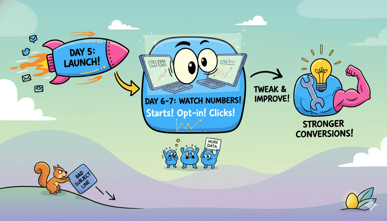 Un diagrama de flujo caprichoso describe el proceso de 3 días de lanzamiento, seguimiento y mejora de un embudo de preguntas para mejores conversiones