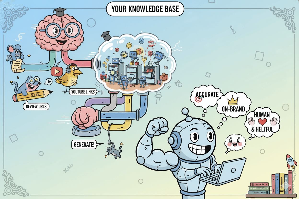Un diagrama de flujo lúdico muestra un cerebro conectado a diversas entradas (URLs de reseñas, enlaces de YouTube, notas) alimentando una "base de conocimiento" de pequeños robots, y luego un robot fuerte que escribe y produce contenido "preciso, fiel a la marca, humano y útil".