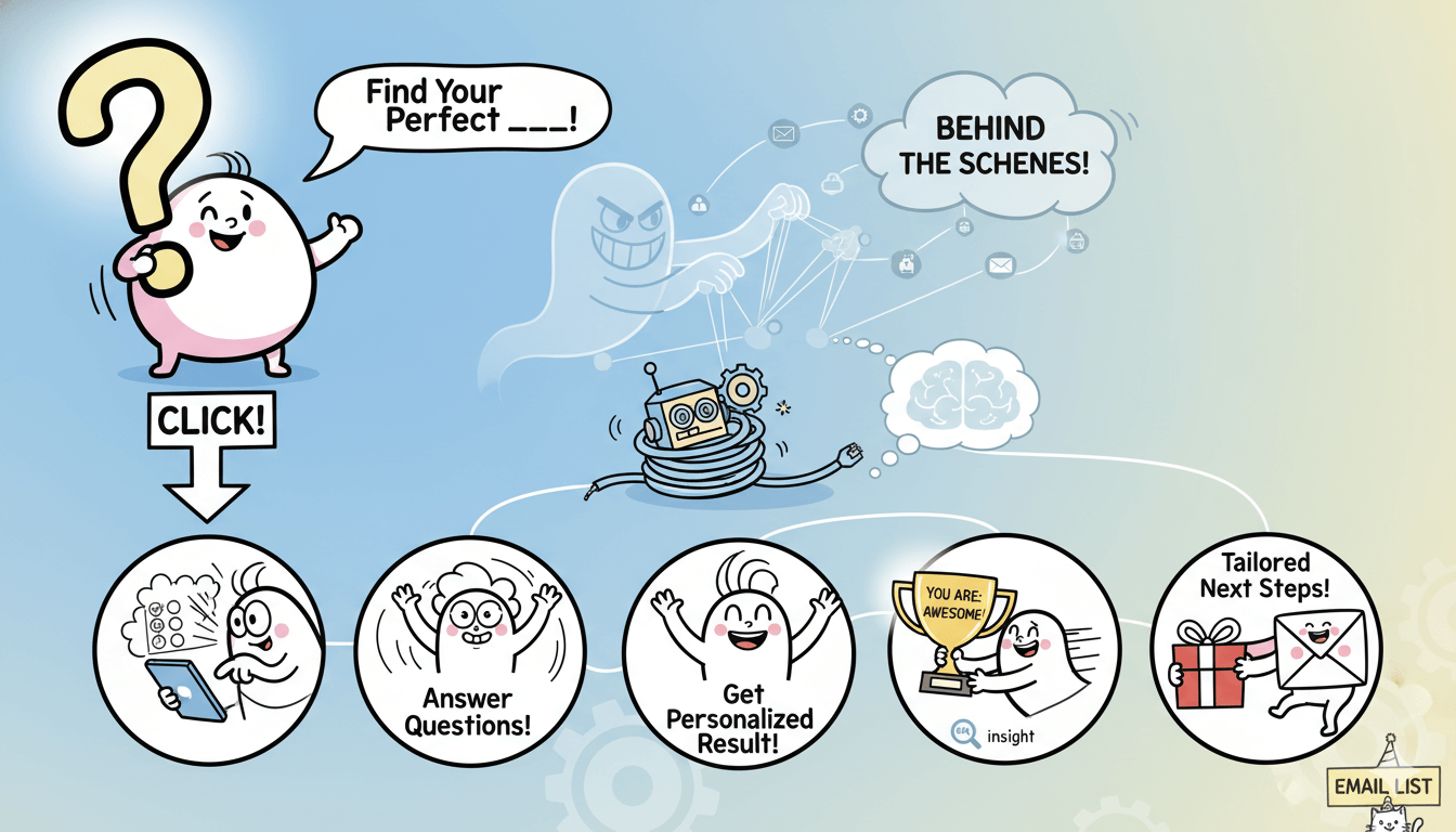 Un diagrama de flujo caprichoso ilustra un embudo de preguntas, mostrando a un personaje haciendo clic en un cuestionario, respondiendo preguntas, obteniendo un resultado personalizado y recibiendo los siguientes pasos personalizados, mientras un fantasma opera entre bastidores