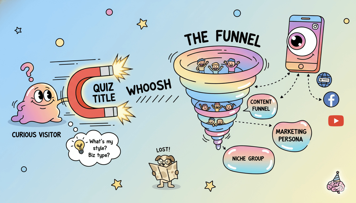 Un diagrama de flujo lúdico ilustra cómo un título de concurso fuerte actúa como un imán, atrayendo a los visitantes curiosos a un embudo de marketing