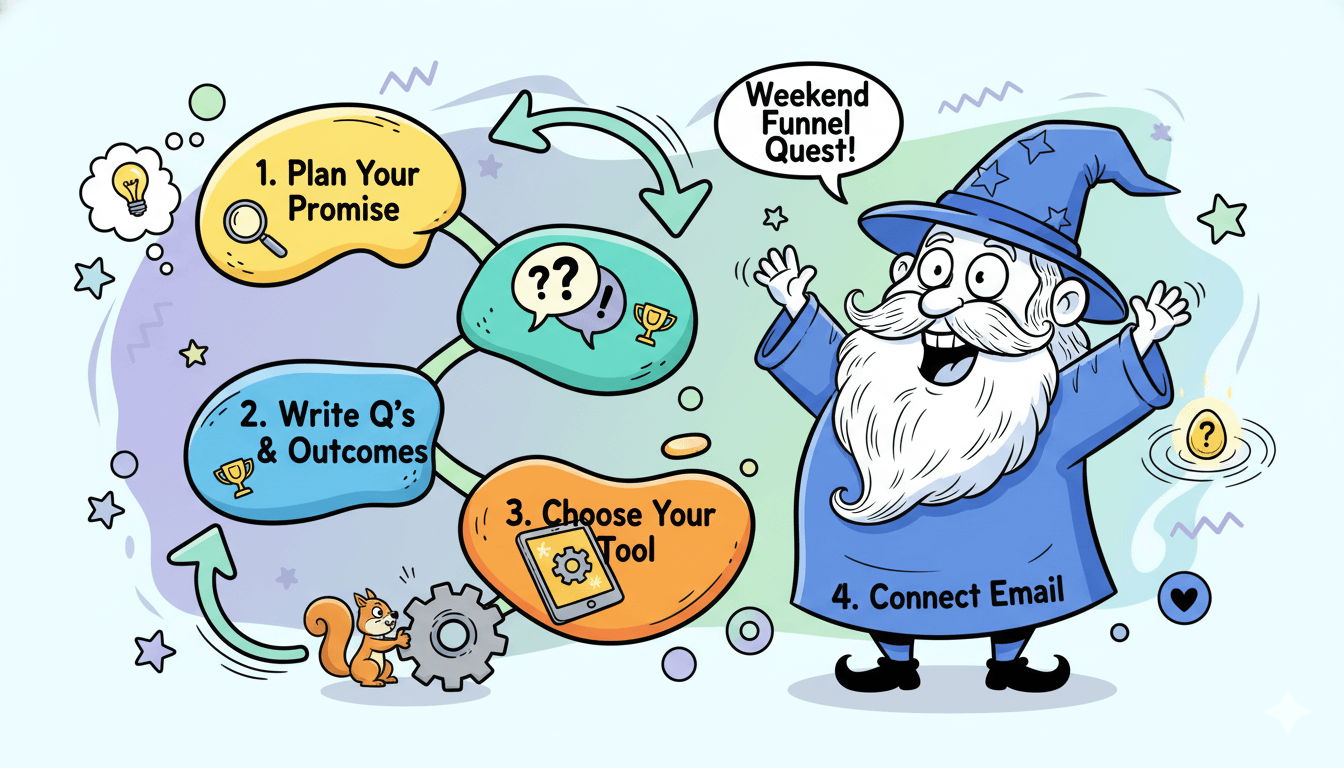 Un mago de dibujos animados señala con entusiasmo un proceso de 4 pasos para construir un embudo de cuestionario sencillo en un fin de semana