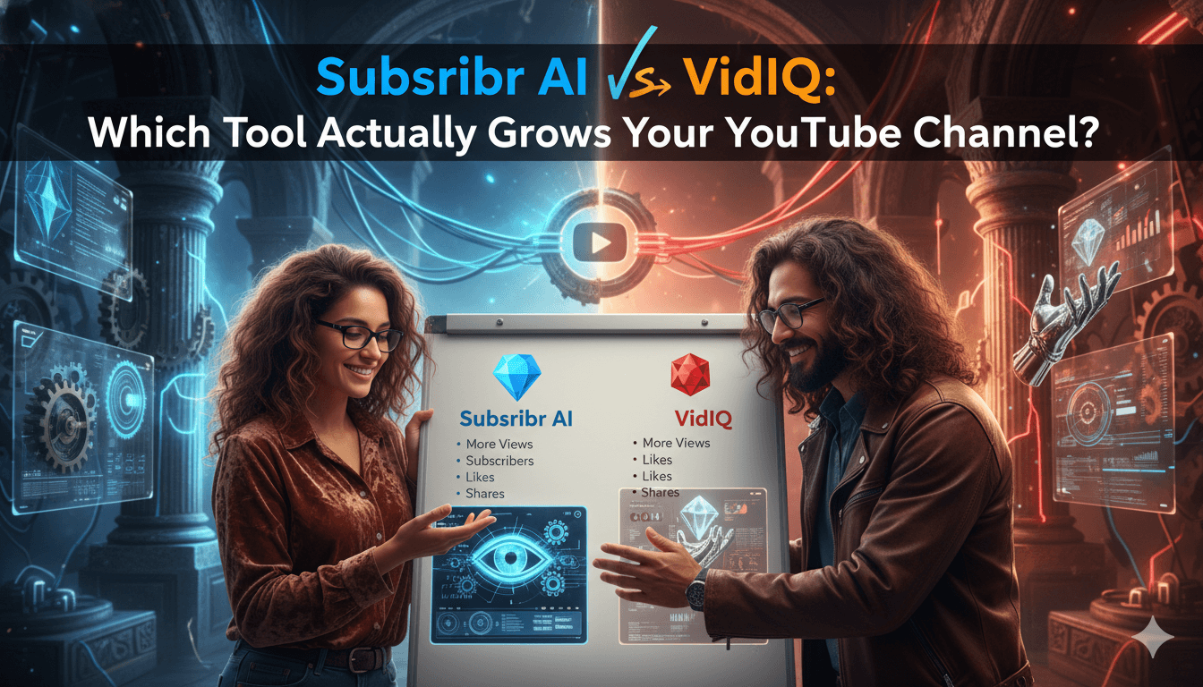 Un par discuten si Subscribebr AI o VidIQ es mejor para el crecimiento de canales de YouTube, combinando tecnología antigua y moderna.