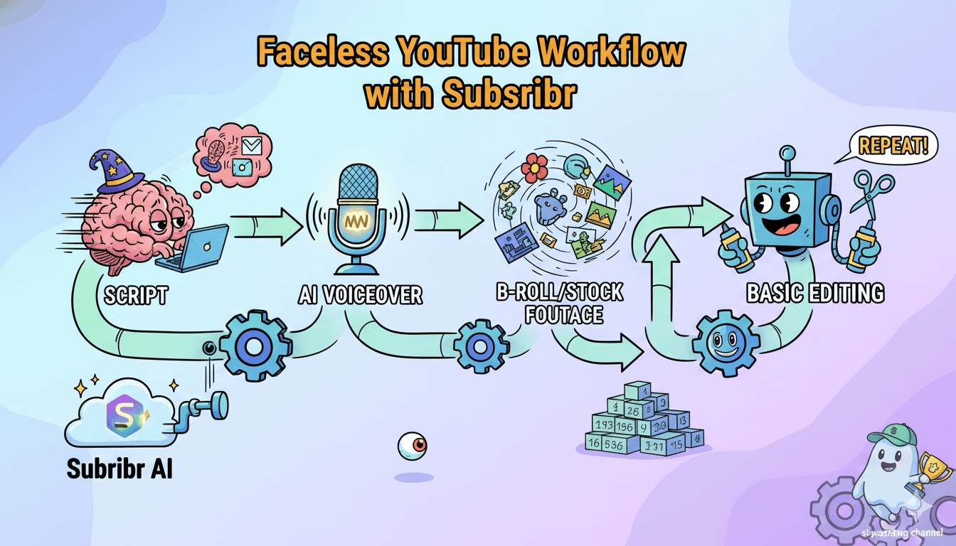 Un diagrama de flujo lúdico ilustra el flujo de trabajo simplificado de Subscribebr AI para crear vídeos de canales de YouTube sin rostro.