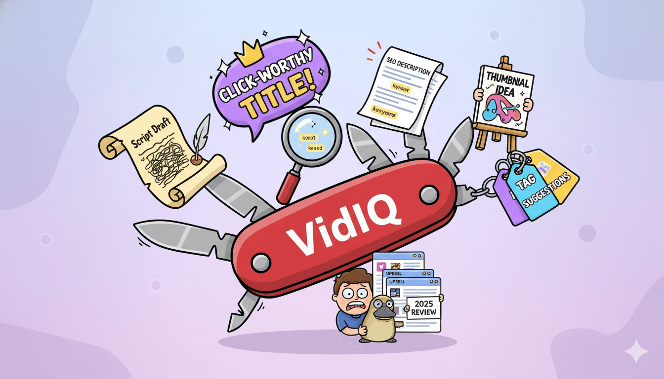 Una navaja suiza de dibujos animados que representa a VidIQ amplía diversas herramientas de contenido con IA como borradores de guiones y sugerencias de títulos.