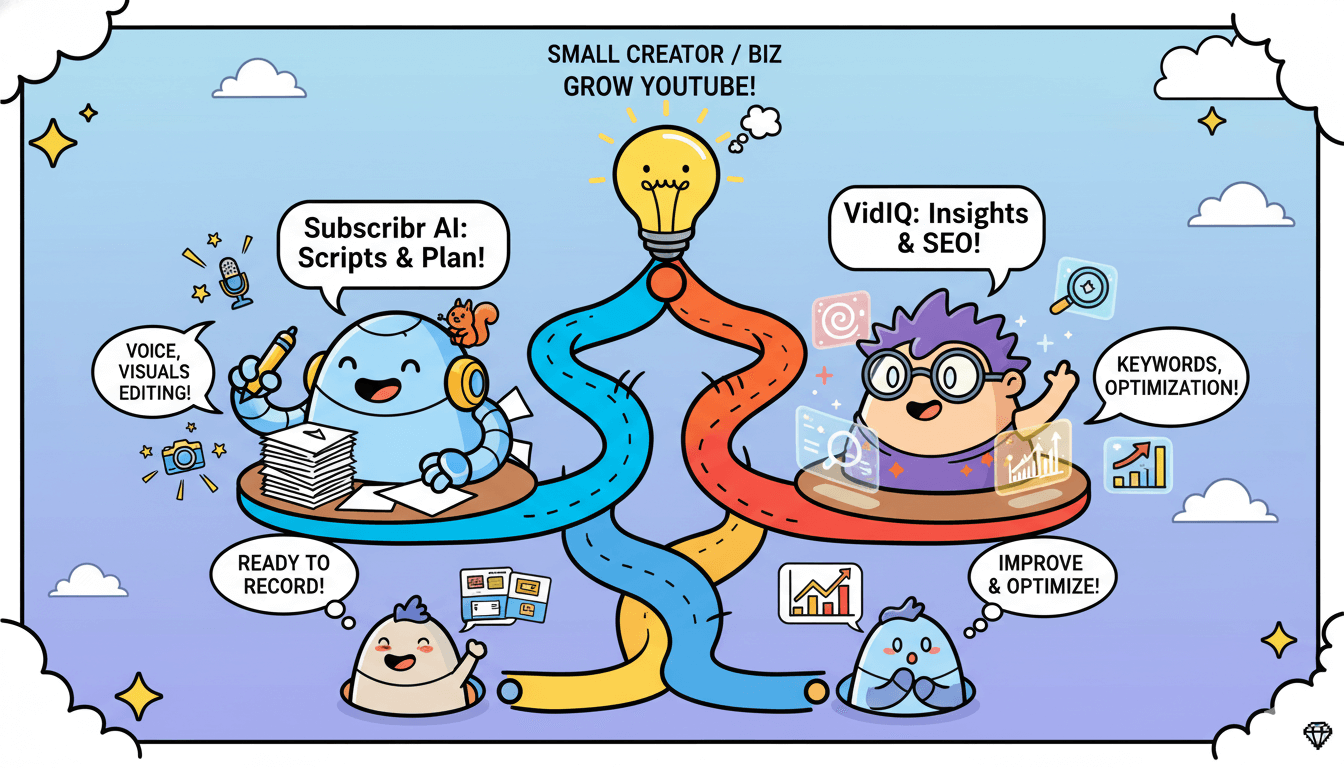 Un árbol de decisiones de dibujos animados ayuda a pequeños creadores y empresas a elegir entre Subscribebr AI para guiones y VidIQ para SEO en YouTube.