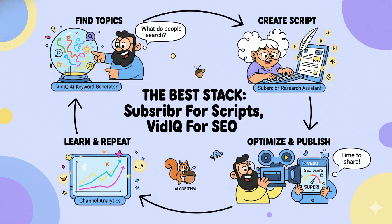 Un diagrama de flujo humorístico muestra personajes de dibujos animados usando Subscribebr para scripts y VidIQ para SEO en un ciclo de crecimiento en YouTube.