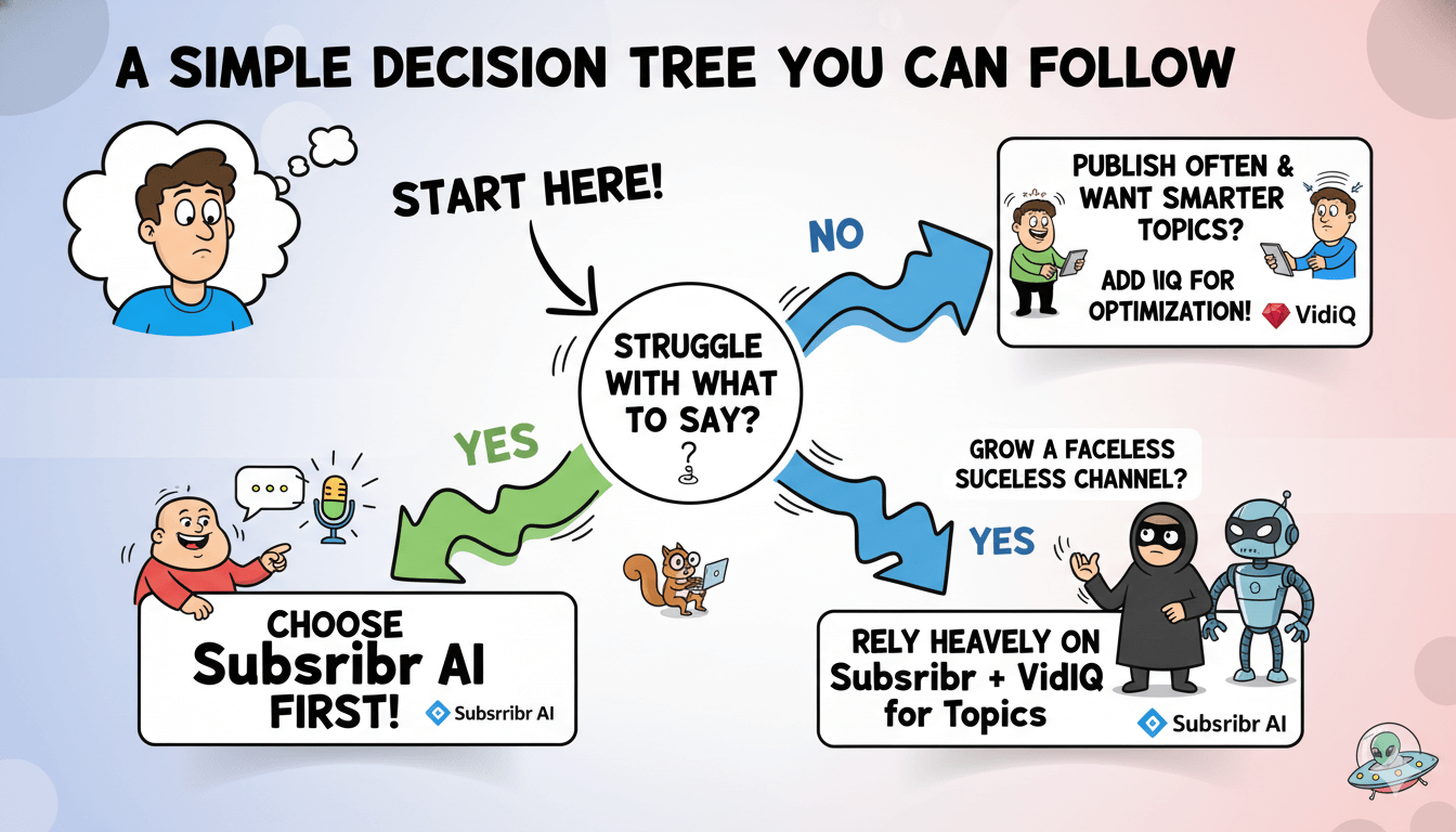 Un árbol de decisiones lúdico ayuda a los usuarios a elegir entre Subscribebr AI y VidIQ según las necesidades de su canal de YouTube.