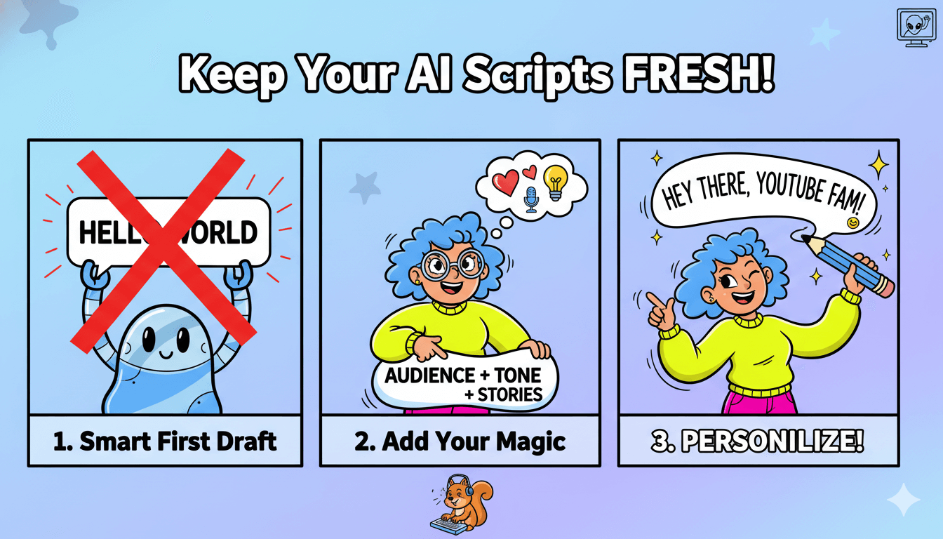 Un panel de tres pasos muestra a un robot y a una persona demostrando cómo mantener actualizados los scripts de IA.
