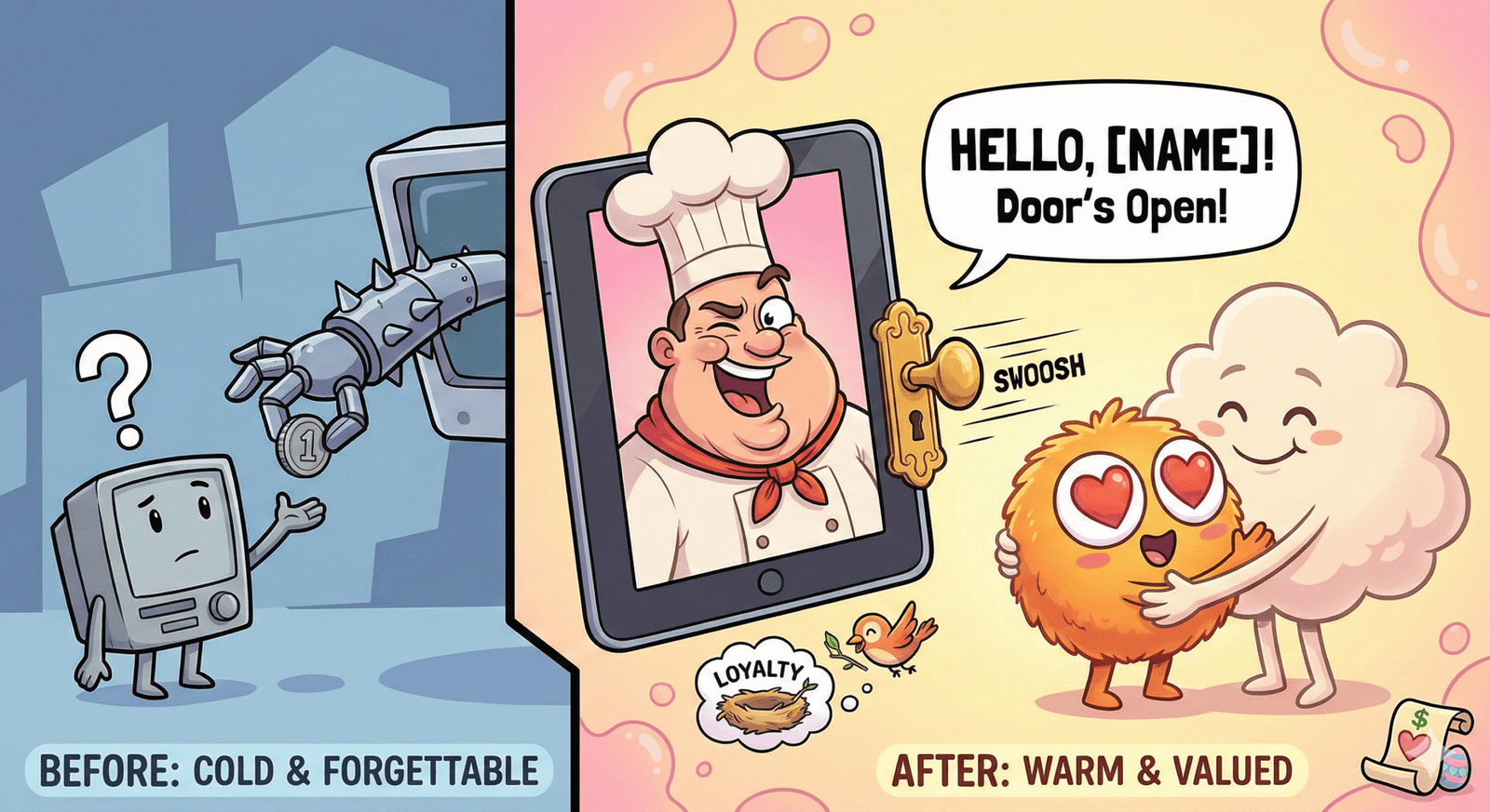 Ejemplo que contrasta una interacción fría y robótica con un saludo en vídeo personalizado que hace que el cliente se sienta cálido y valorado