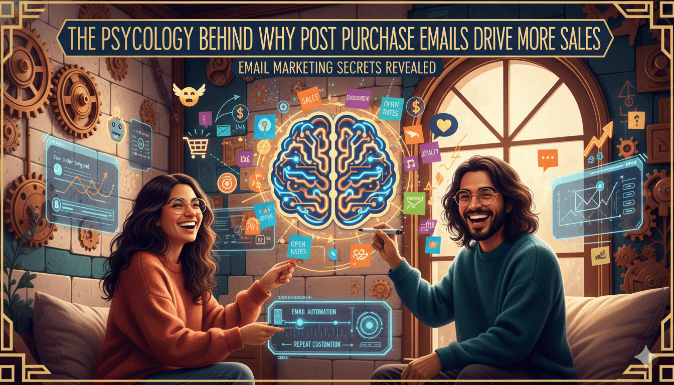 Una pareja sonriente de unos treinta y tantos años, con el pelo peludo y gafas, rodeada de tecnología antigua y moderna, escribiendo notas adhesivas con iconos sobre email marketing en una pared alrededor de un cerebro brillante, ilustrando la psicología de los correos postcompra.