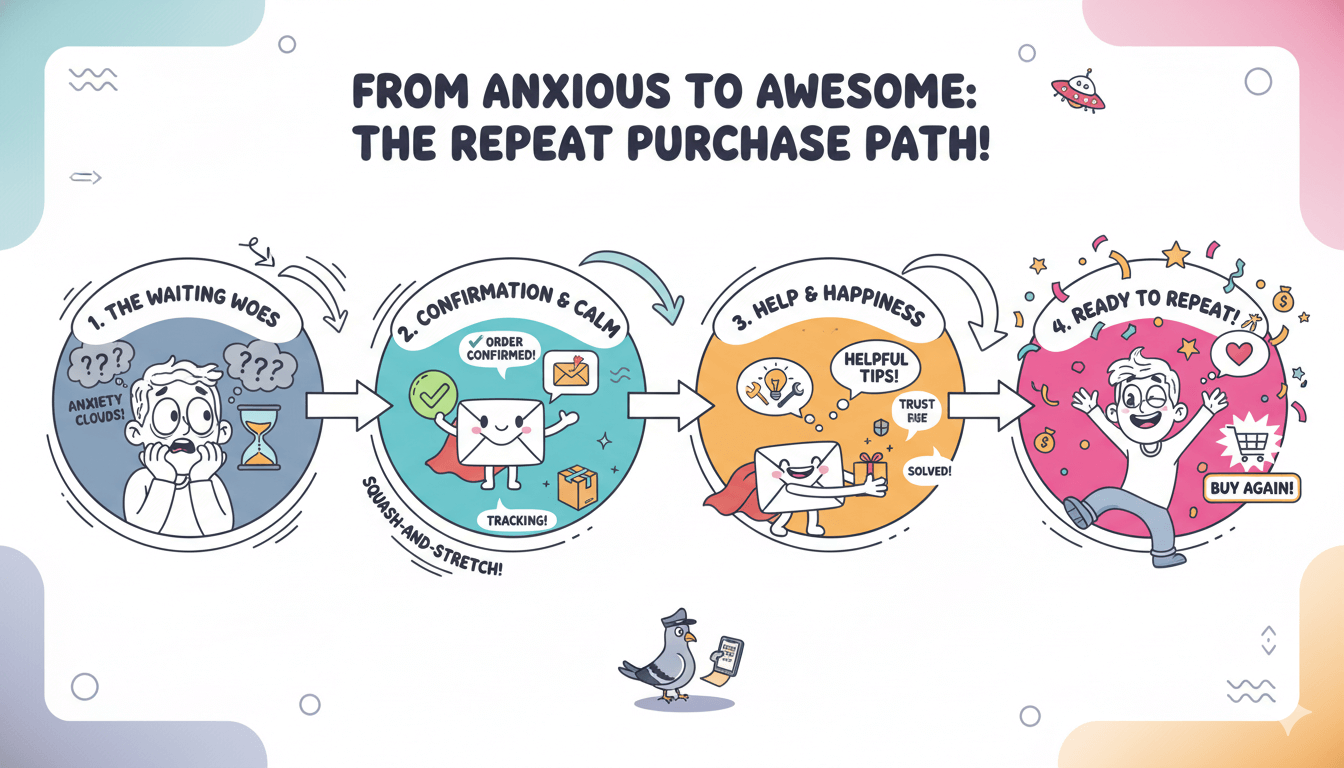 Un diagrama de flujo animado divertido titulado "De la ansiedad a la increíble: ¡El camino de la compra repetida!" muestra cómo la tranquilidad tras la compra genera fidelidad del cliente.