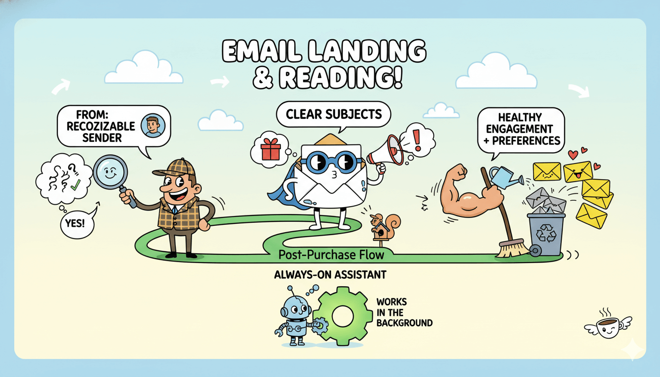 Un diagrama de flujo lúdico ilustra la entrega de correos electrónicos, mostrando a un detective identificando a los remitentes, un correo electrónico con megáfono y un brazo regando cartas en una papelera, demostrando cómo hacer que los correos electrónicos lleguen y sean leídos.