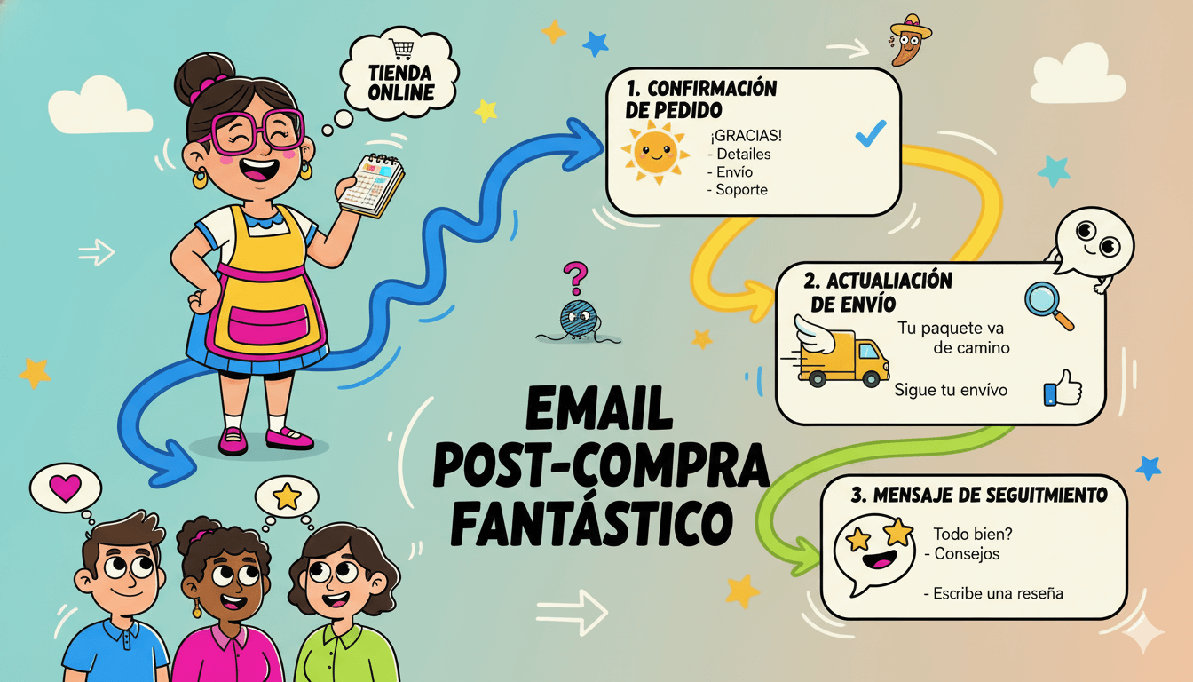 El dueño de un dibujo animado de una "tienda online" presenta un diagrama de flujo caprichoso que detalla tres pasos de una fantástica secuencia de correos electrónicos en español tras la compra.