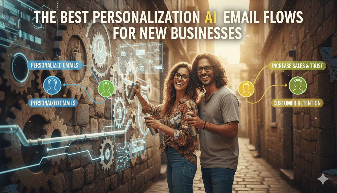 Una pareja mexicana casual de unos 30 y tantos años pintando con spray una pared de la calle con la personalización de correos electrónicos por IA, ilustrando cómo aumentar las ventas y la retención de clientes para nuevos negocios.