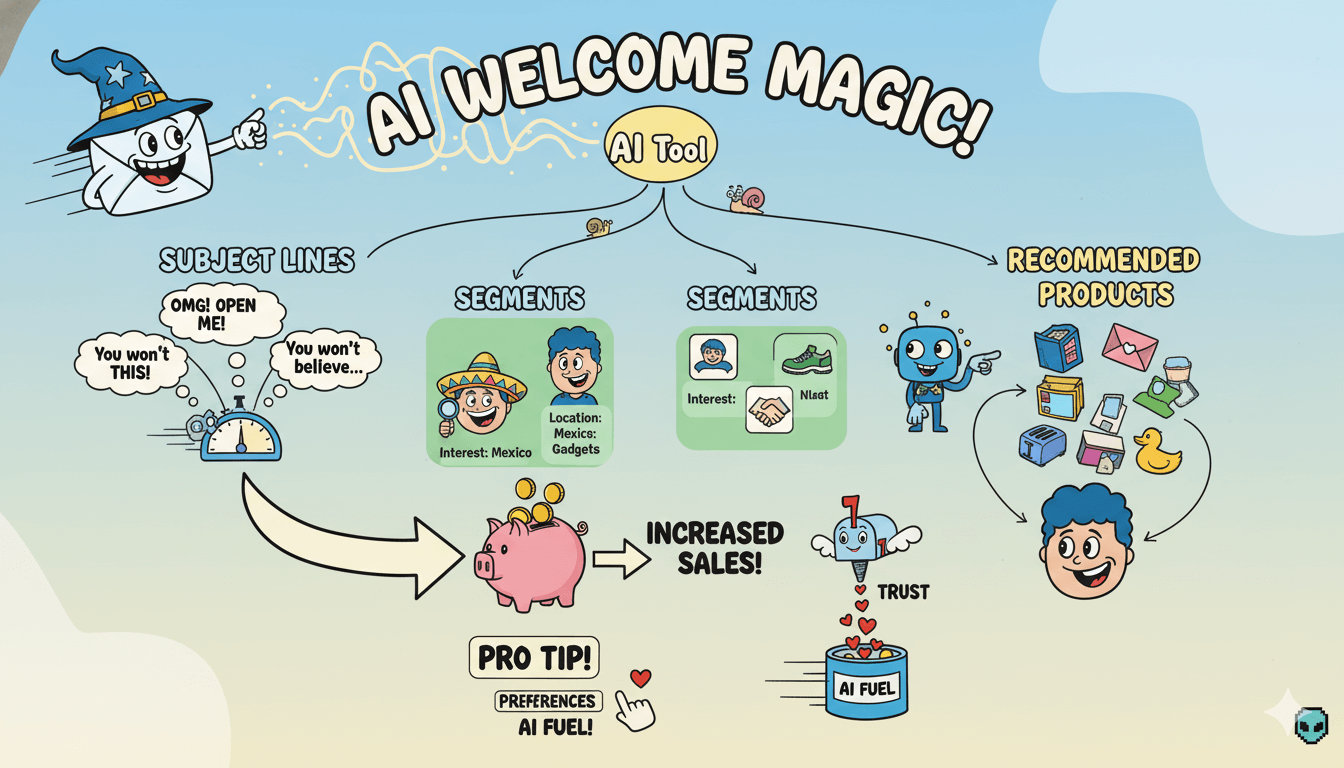 Un diagrama de flujo divertido que ilustra cómo la IA mejora los correos de bienvenida con asuntos personalizados, segmentos y recomendaciones de productos para aumentar las ventas y la confianza.