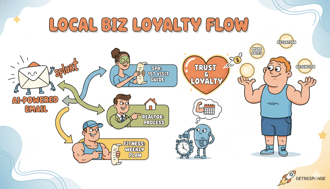 Un diagrama de flujo muestra un correo electrónico impulsado por IA enviando consejos personalizados para un spa, bienes raíces y fitness para generar confianza y fidelidad con clientes empresariales locales.