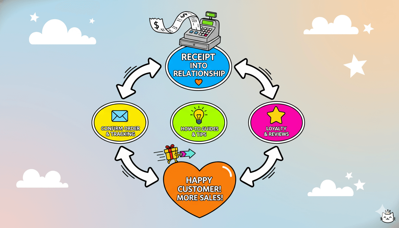 Un diagrama de flujo lúdico muestra una caja registradora transformando un recibo en una relación, ilustrando estrategias de correo electrónico tras la compra para clientes satisfechos y más ventas.