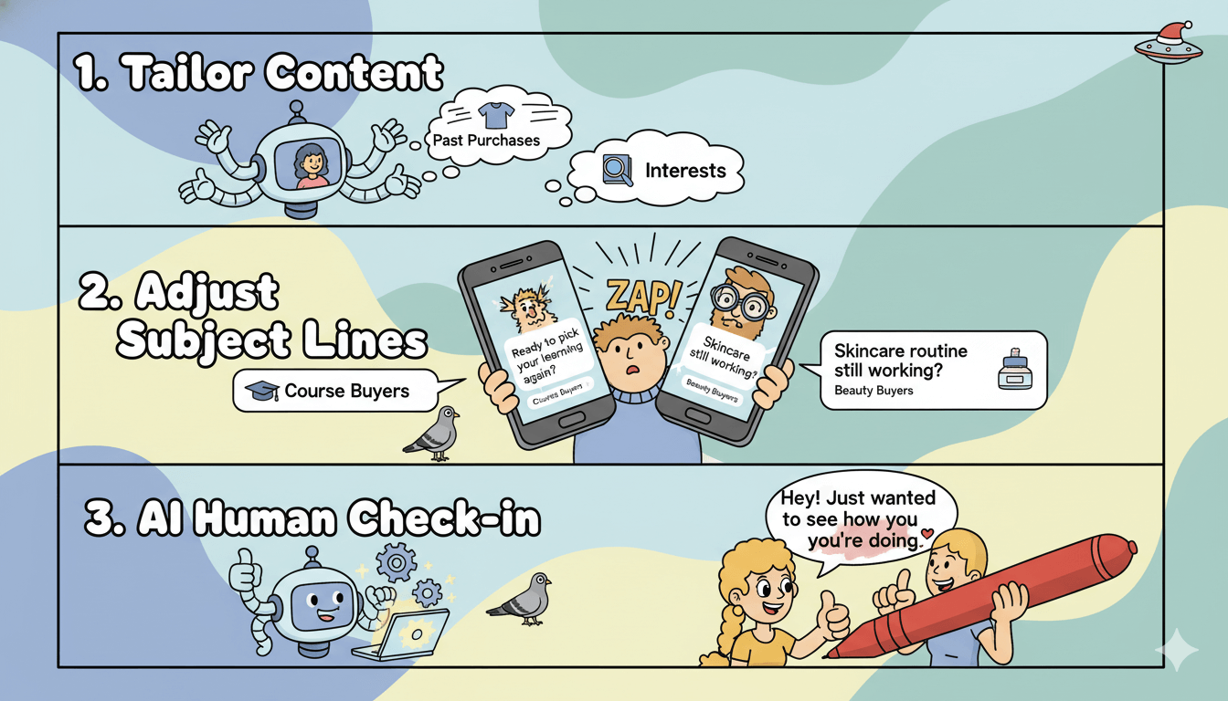 Una viñeta de tres viñetas que muestra cómo la IA ayuda a adaptar el contenido, ajustar los asuntos y crear comprobaciones con sonido humano para los flujos de recuperación de correos electrónicos.