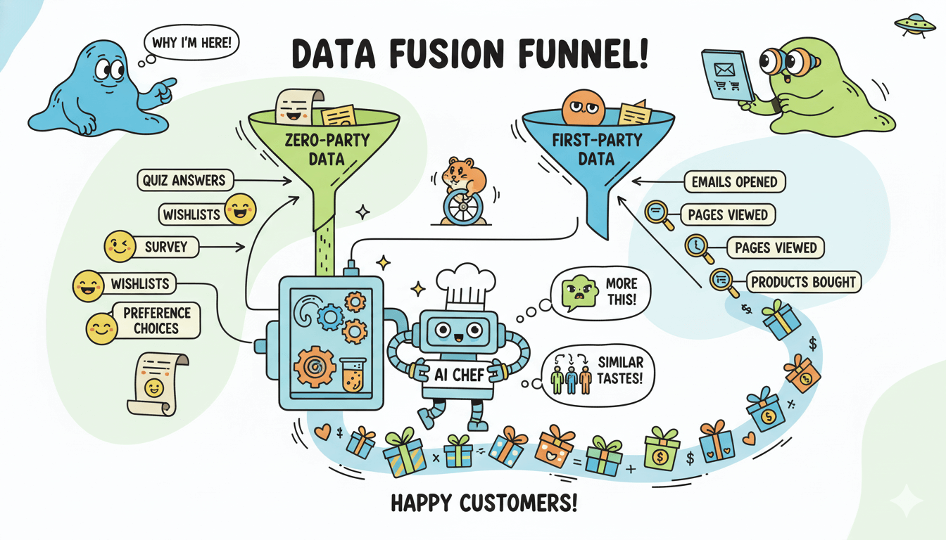 Un diagrama de flujo caprichoso ilustra un "embudo de fusión de datos" donde datos de primera y cero se fusionan, lo que lleva a clientes satisfechos.