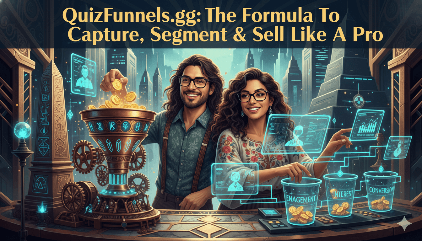 Pareja sonriente con pelo peludo y gafas utiliza una máquina gg de QuizFunnels para capturar, segmentar y vender leads