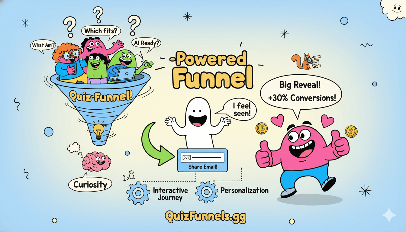 Personajes juguetones que se canalizan hacia un embudo impulsado por quiz, ilustrando cómo la curiosidad y la personalización conducen a conversiones.