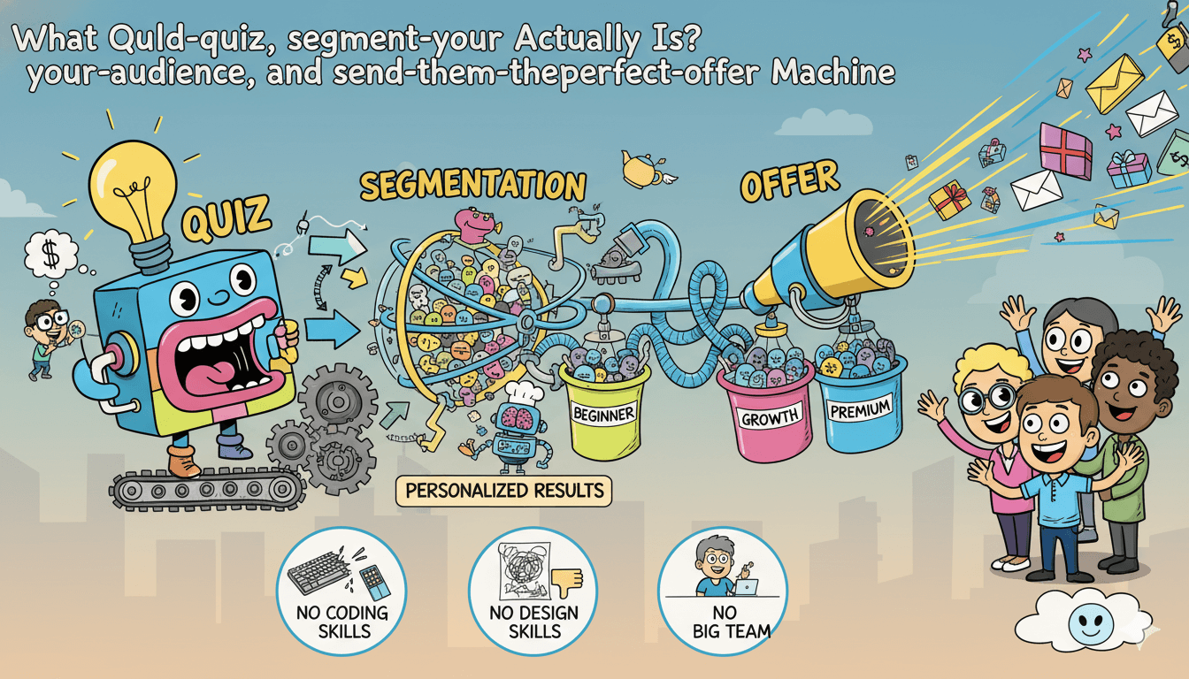 Un diagrama de dibujos animados ilustra las tres funciones principales de QuizFunnels gg: creación de cuestionarios, segmentación de audiencia y ofertas personalizadas