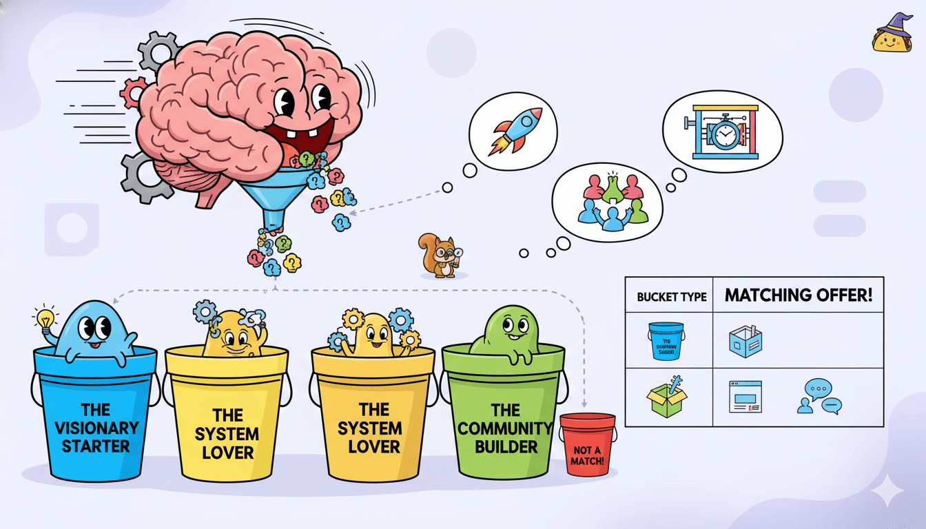 Un cerebro de dibujo animado canaliza diferentes personalidades en categorías como "El Visionario Principiante" para ilustrar los resultados de los concursos y las ofertas de emparejamiento