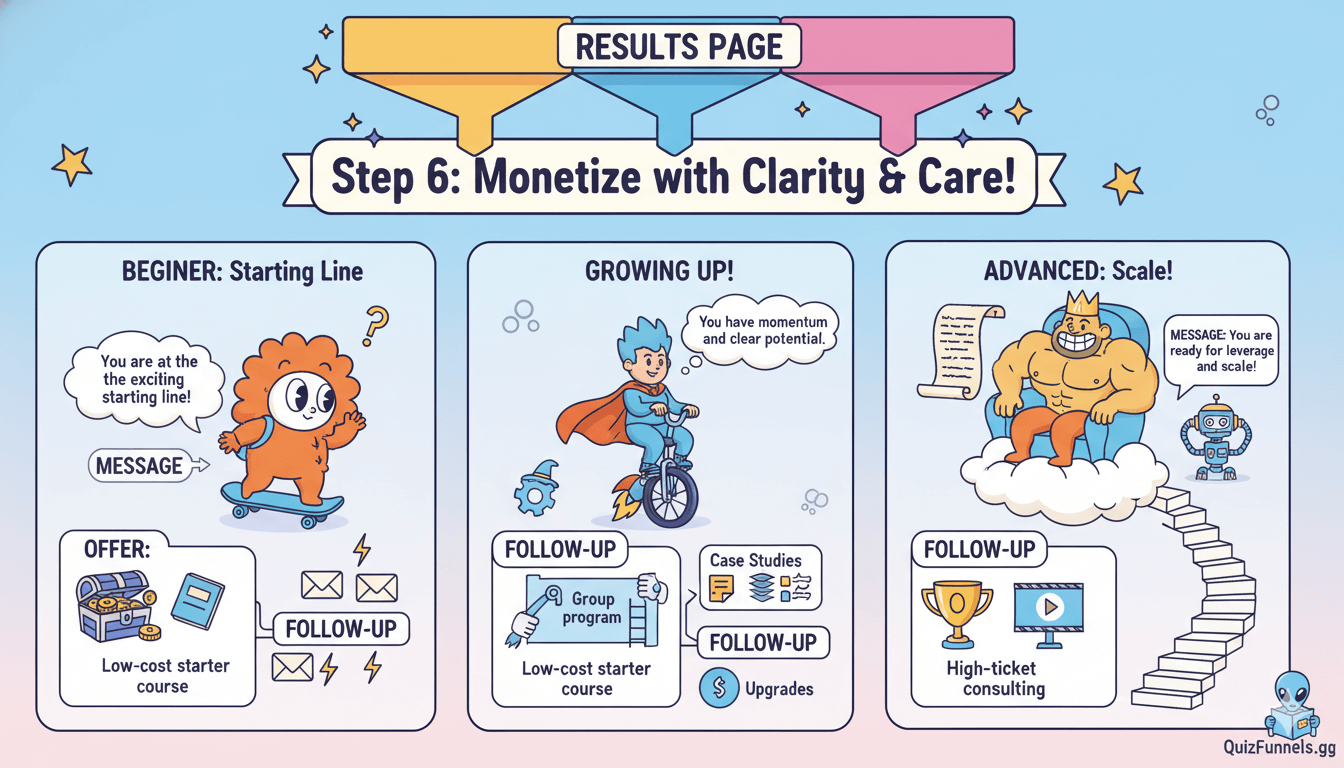 Un divertido panel de 3 pasos explica cómo monetizar las páginas de resultados de QuizFunnels gg para diferentes segmentos de clientes