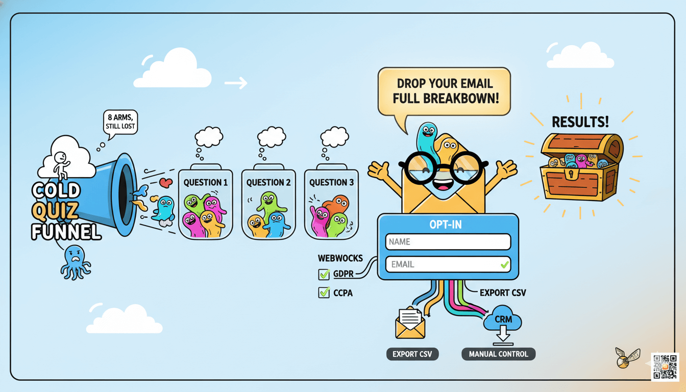 Un diagrama de embudo de cuestionario divertido muestra preguntas que conducen a una suscripción por correo electrónico antes de que se revelen los resultados, capturando así clientes potenciales de forma eficaz