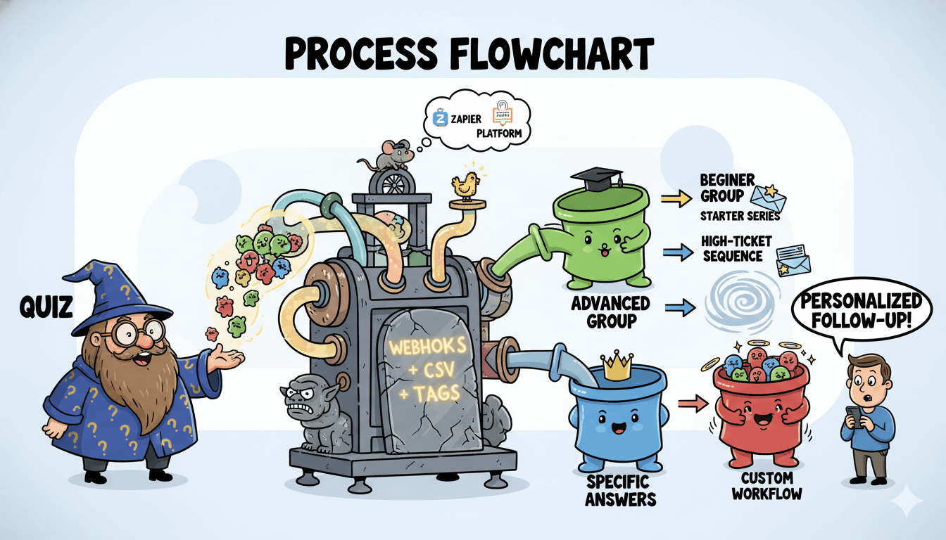Un asistente introduce un cuestionario en una máquina, lo que conduce a grupos segmentados y a un seguimiento personalizado en un diagrama de flujo de procesos