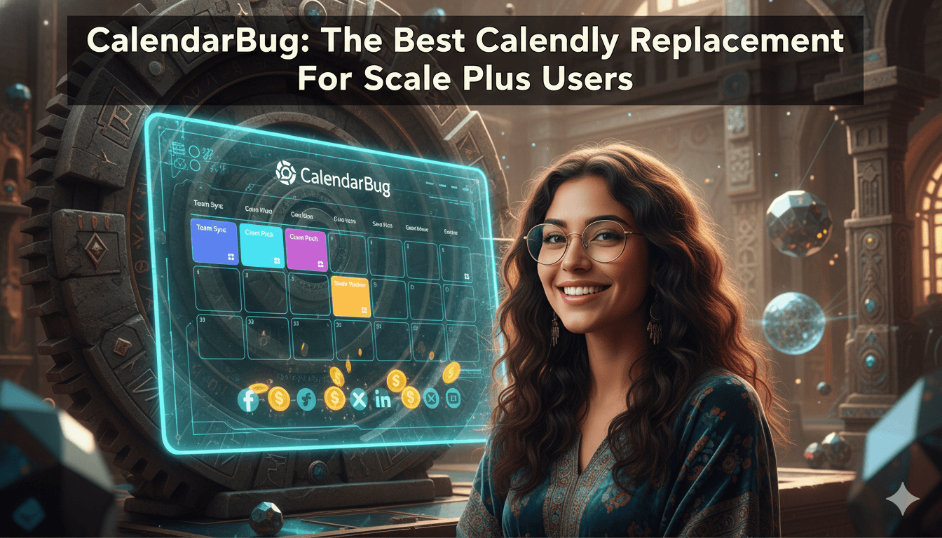 Una mujer sonríe junto a una pantalla digital que muestra el software "CalendarBug" y la fusión tecnológica moderna, destacando un reemplazo de Calendly.