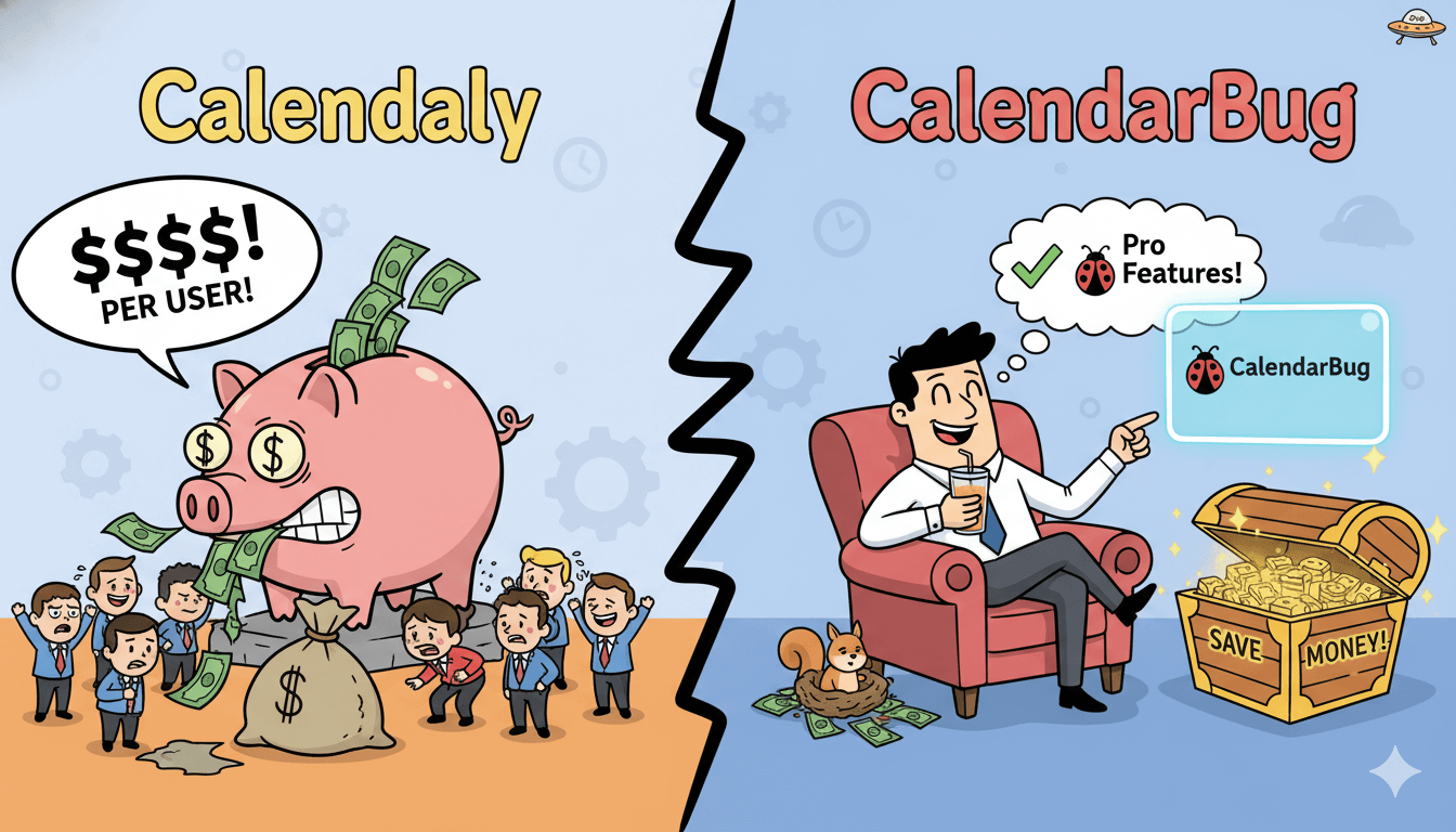 Una caricatura comparativa dividida muestra que CalendarBug ahorra dinero frente al coste por usuario de Calendly para las herramientas de programación.