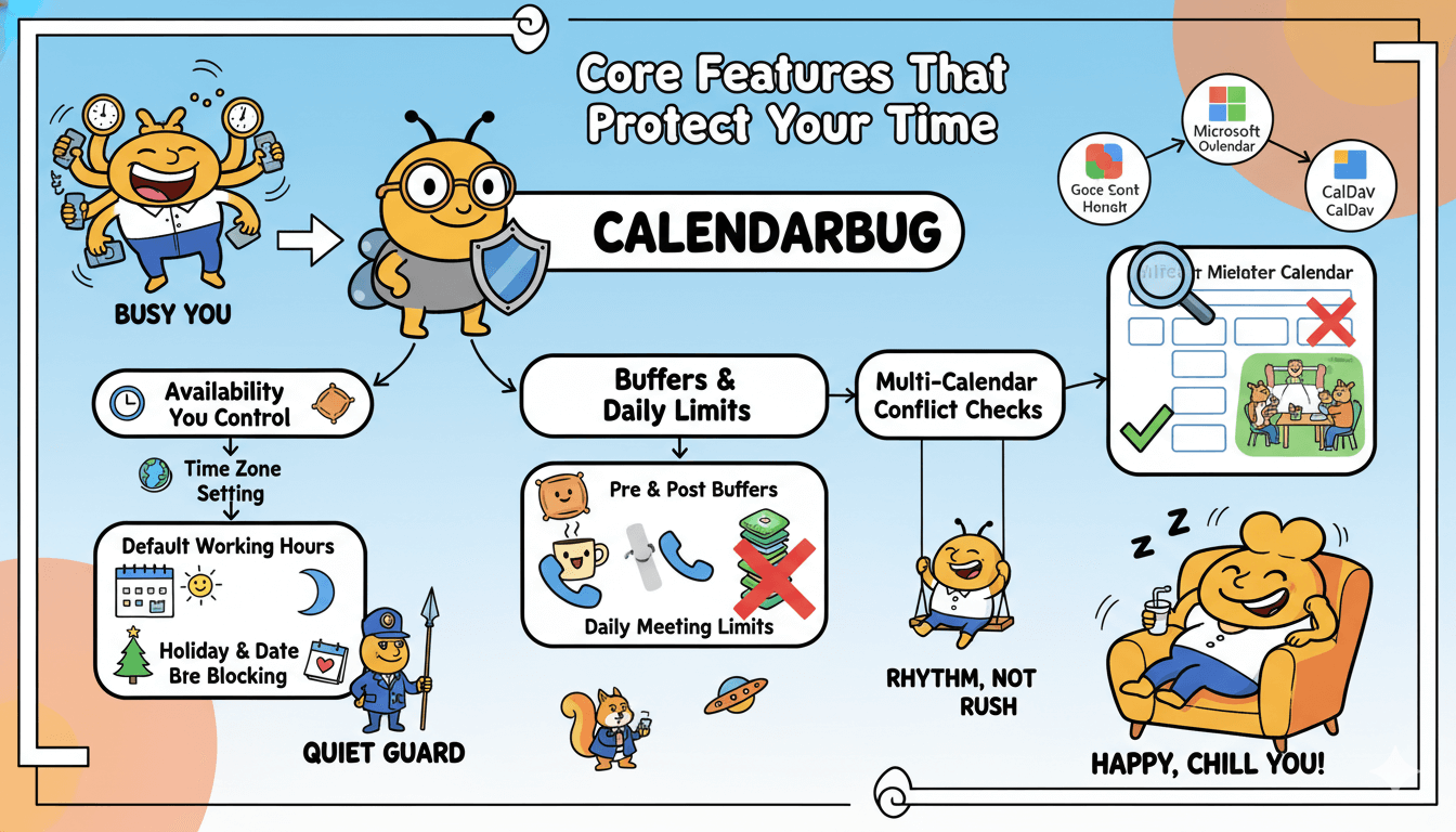 Un diagrama de flujo caprichoso ilustra las funciones principales de CalendarBug que protegen el tiempo, incluyendo control de disponibilidad, búferes y comprobaciones de conflictos.