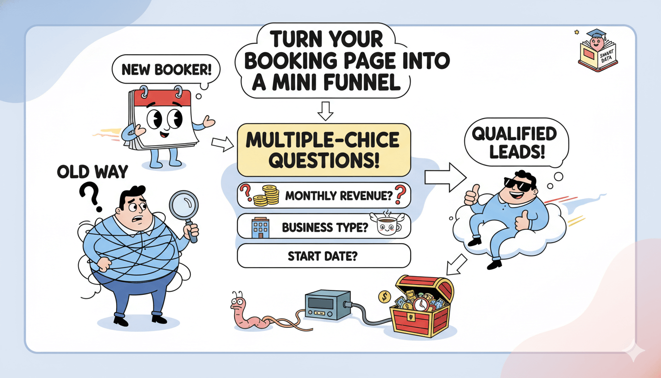 Un diagrama de flujo lúdico muestra un calendario y preguntas que conducen a leads cualificados, explicando cómo crear un embudo de reservas.