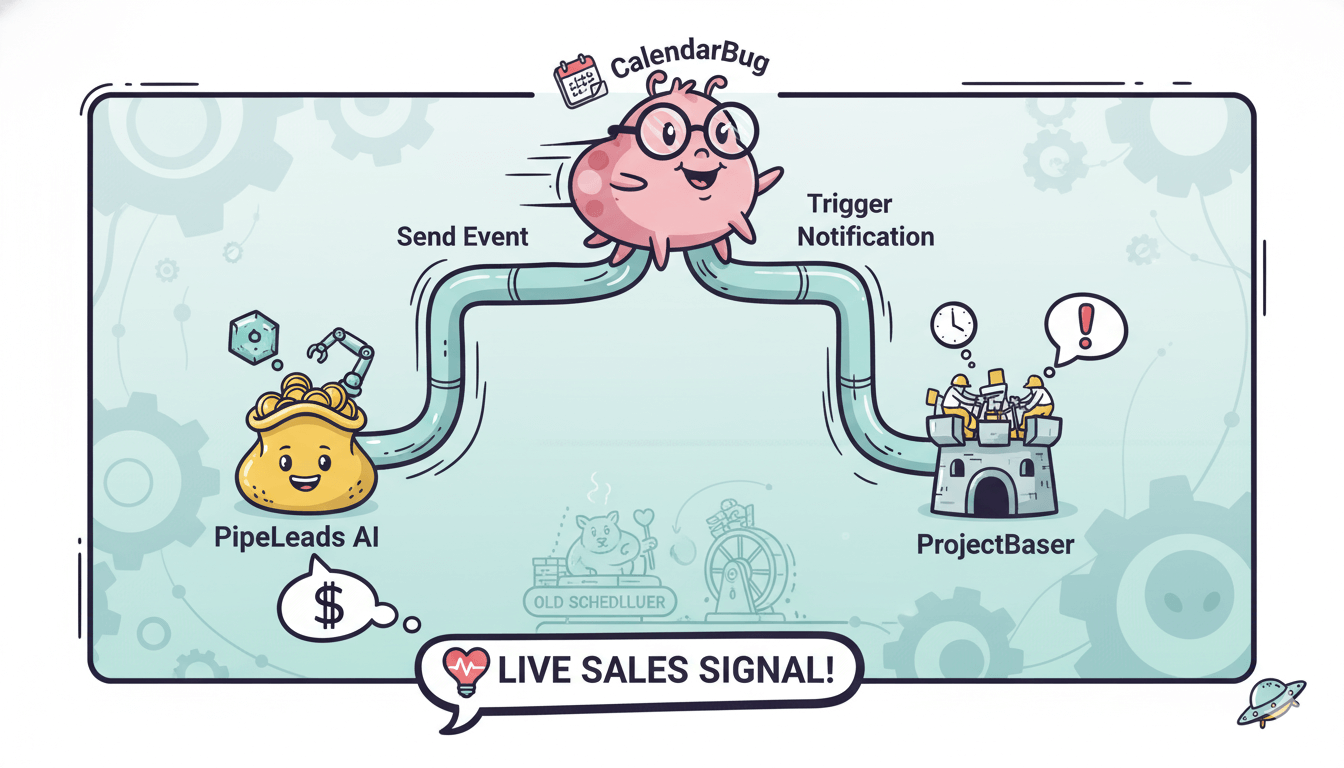 Un diagrama de flujo divertido muestra "CalendarBug" conectándose con "PipeLeads AI" y "ProjectBaser", integrando la programación en un flujo de trabajo de ventas.