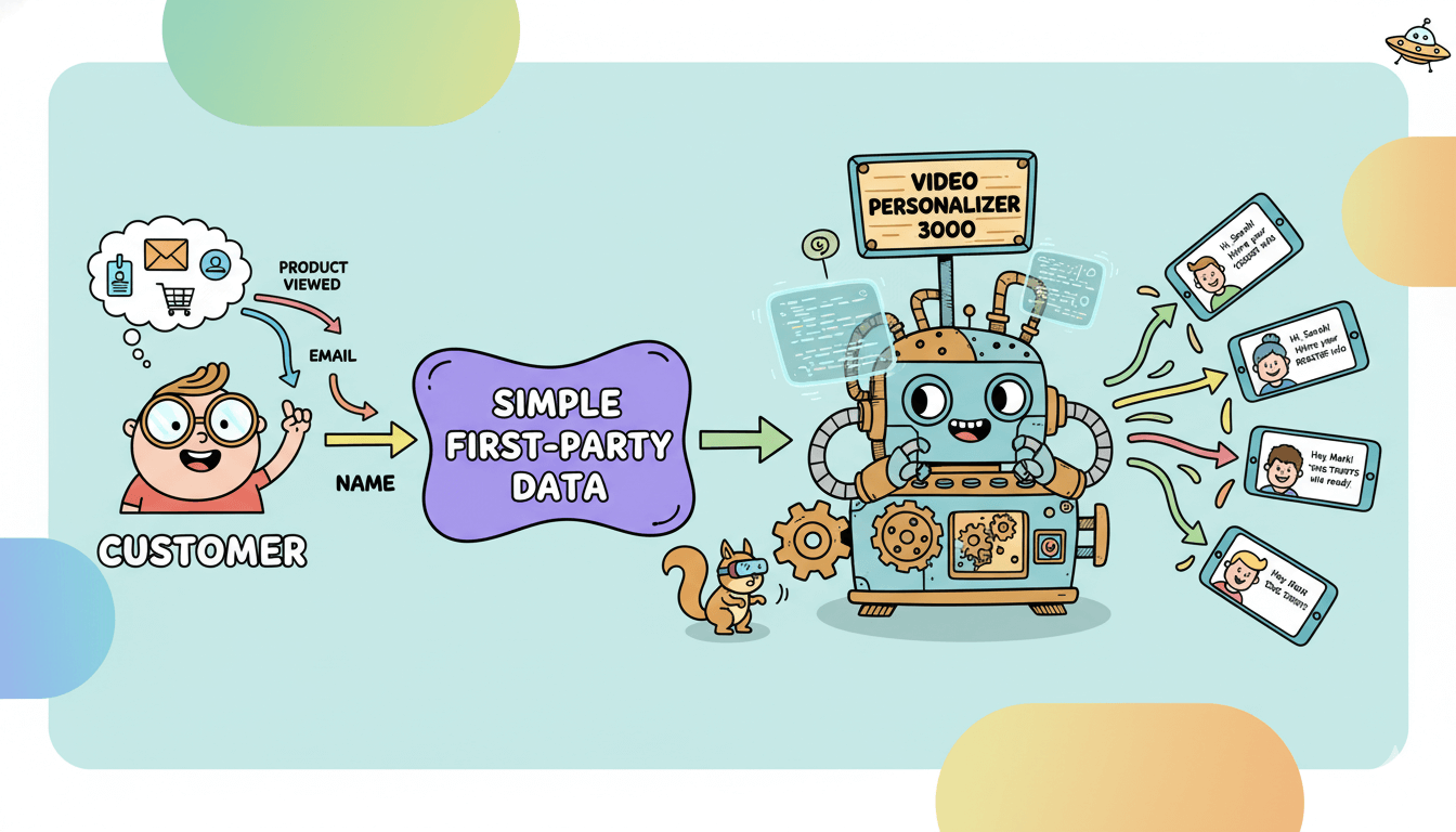 Un cliente de dibujos animados proporciona nombre, correo electrónico y producto visto, que se transforman en mensajes de vídeo personalizados mediante una máquina peculiar.