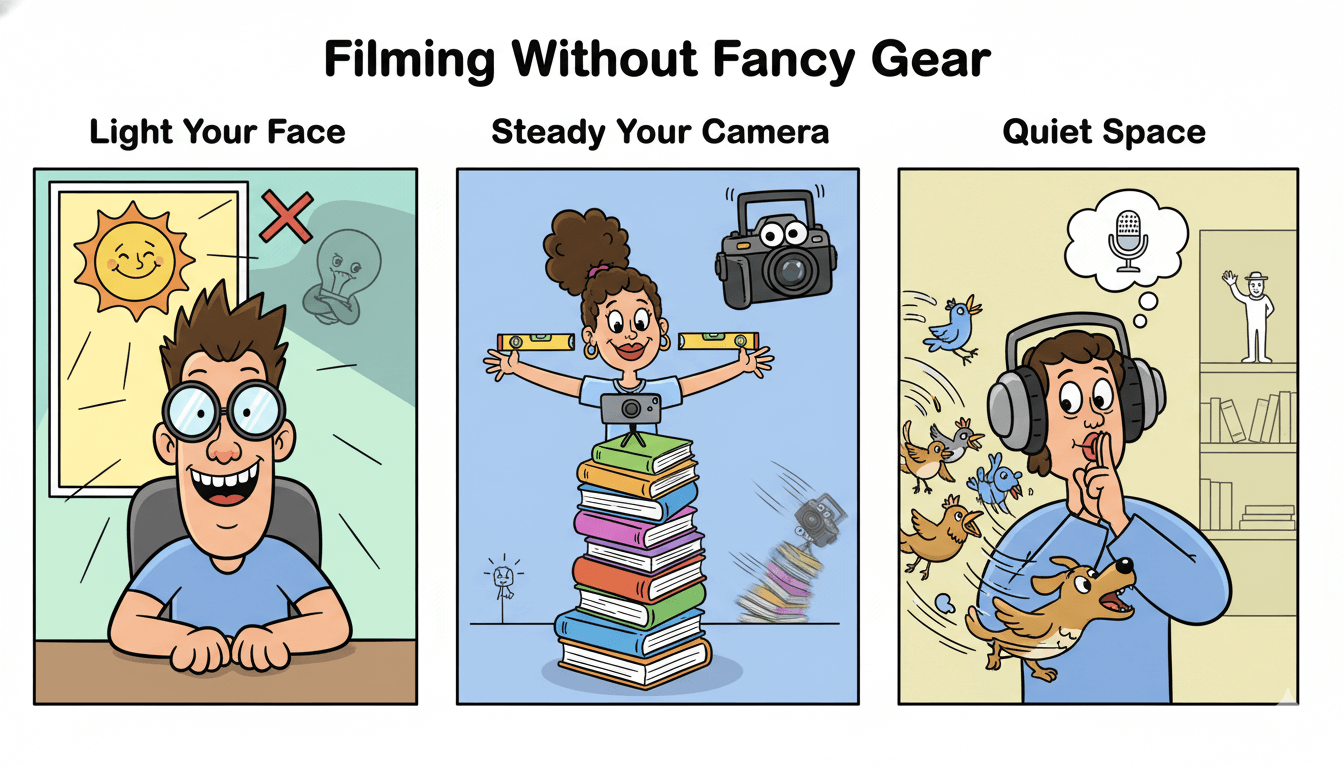 Tres viñetas de dibujos animados muestran formas humorísticas de lograr una buena iluminación, estabilizar una cámara y encontrar un espacio tranquilo para grabar vídeo.