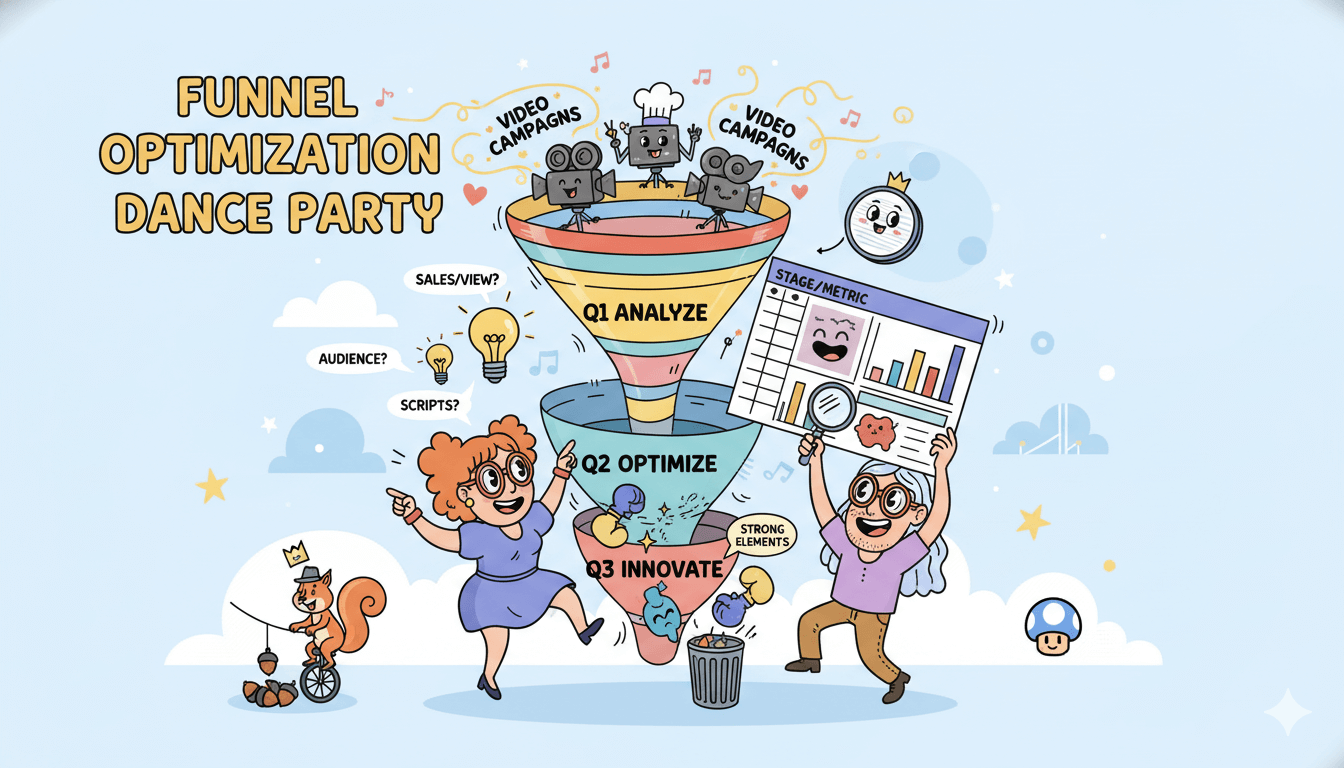 Una fiesta de baile de optimización de embudo de dibujos animados ilustra un proceso de tres pasos para analizar, optimizar e innovar campañas de vídeo a lo largo del tiempo