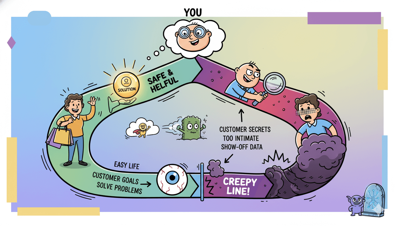 Un diagrama de flujo caprichoso ilustra cómo evitar la frase "inquietante" en un vídeo personalizado centrándose en los objetivos del cliente.